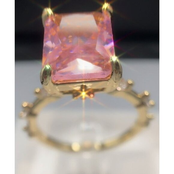 Radiant Jewelry - Pink Radiant-Cut Gemstone Ring With Gold-Plated Brass Band & Micro Insert Inlay